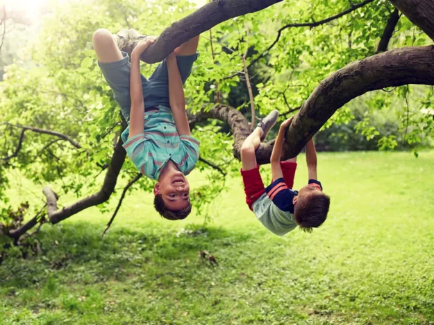 Two happy young people hanging upside down on a tree